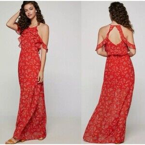 BCBG Generation Size 6 Red Paprika Floral Cold Shoulder Maxi Dress Ruffle Back